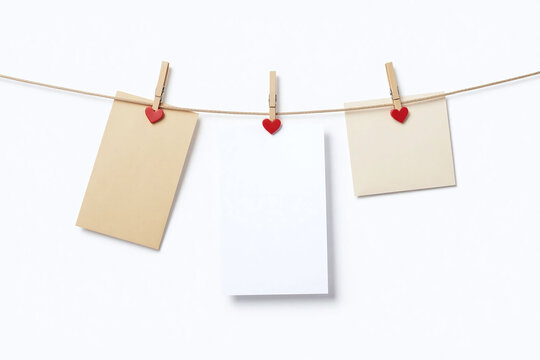 white paper with brown envelopes wooden clothespins hearts