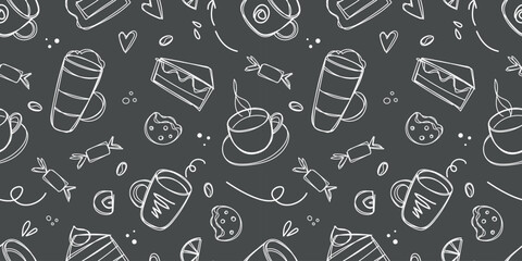Coffee and desserts seamless pattern in doodle style drawing with chalk on a black board. Sketch of different cups of coffee and cappuccino. Background for cafe shop, card, banner etc.
