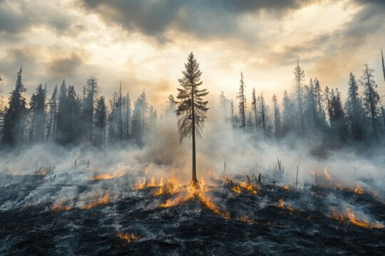 Solitary tree stands defiant against raging forest fire, smoke fills dramatic sky, charred earth is visible.
