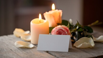 Romantische Deko mit Kerzen, Blume und Schild f&uuml;r Text