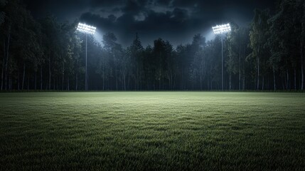 Nighttime Green Field with Floodlights Surrounded by Trees Under a Moody Sky