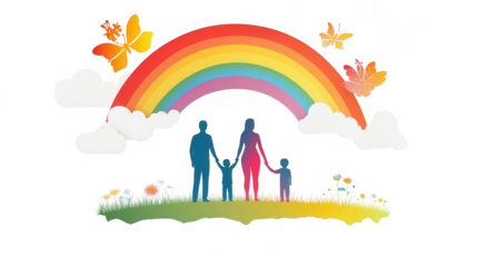 Parents Day PNG of parents holding their child's hands with a rainbow in the background, symbolizing love and unity, isolated on white background