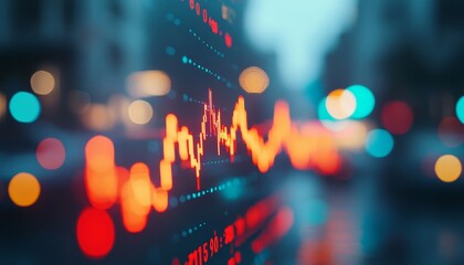 Financial Data Screen Displaying Rising Stock Market Data with Bokeh City Lights Background