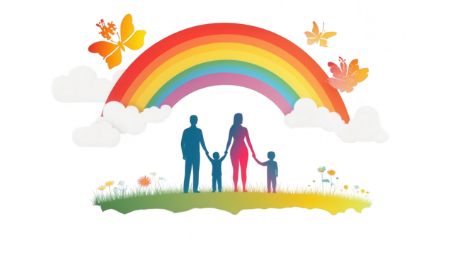 Parents Day PNG of parents holding their child's hands with a rainbow in the background, symbolizing love and unity, isolated on white background