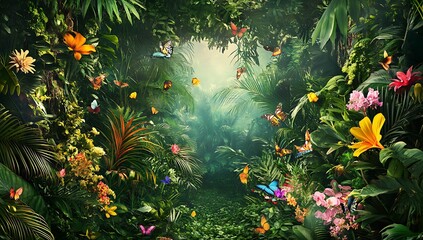Mystical Jungle Path Sunlight Filtering Through Lush Green Foliage with Colorful Butterflies and Exotic Flowers Creating a Magical Atmosphere
