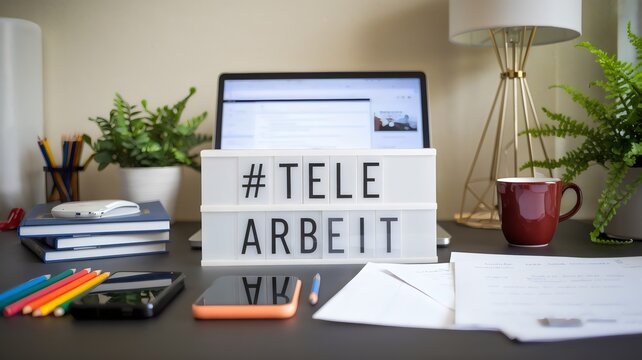 Heim Arbeitsplatz mit Schild Tele Arbeit