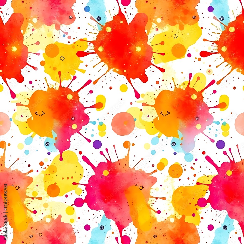 Wall mural Happy Splatter Seamless Pattern: A vibrant and playful seamless pattern featuring cheerful watercolor splatter with cute cartoon faces in cheerful hues of red, orange, yellow, blue, and purple.