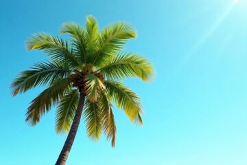 Obraz premium Leaning palm, vibrant green leaves against clear sky, isolated, vacation