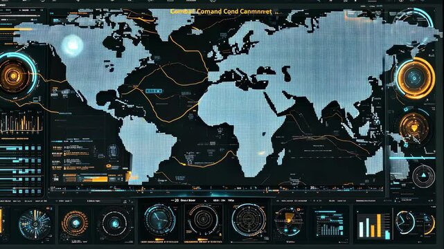 Visual representation of a global command center with real-time data analysis and mapping features for strategic operations