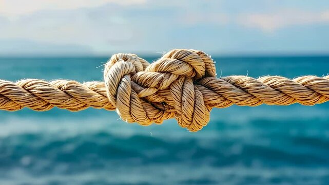Marine Knot on a Rope with Ocean Waves in the Background
