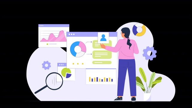 Flat vector animation illustrating the process of data analysis, where characters analyze graphs, charts, and data points, helping to identify trends and insights that guide business decisions.