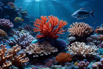 Fototapeta premium Underwater view of an ocean or sea with colorful coral reefs and tropical fish. This could be a view you see while snorkeling or deep sea diving or swimming.