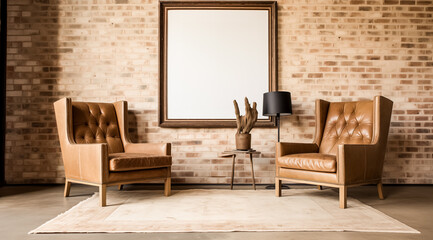 Stylish living room with two brown armchairs and a minimalist decor.