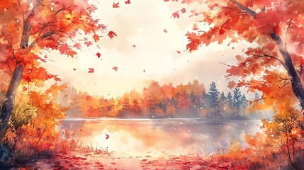 A warm, inviting watercolor painting of an autumn landscape, featuring colorful foliage and soft light for a peaceful seasonal vibe.