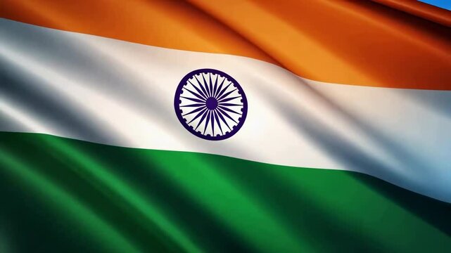A dynamic video shot of the Indian flag waving, captured from a low angle, highlighting the vibrant colors and intricate details of the emblem.