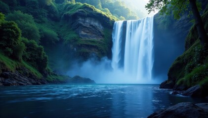 Fototapeta premium Majestic waterfall, falling water, dark backdrop, isolated object, background