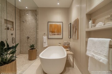Modern bathroom design featuring a freestanding tub and elegant decor in a calming space