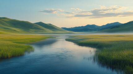 An aerial view of a winding river cutting through a lush green forest, bathed in soft golden sunlight, creating a breathtaking landscape.  
