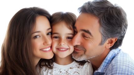 Parents Day PNG of parents kissing their child on the cheeks, symbolizing love and warmth, isolated on white background