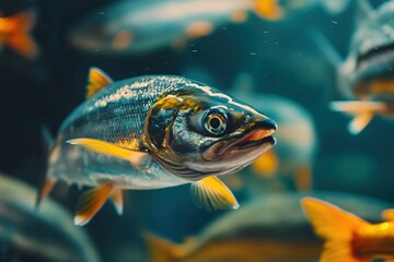 Fototapeta premium Young Salmon in Aquarium. Underwater Fish in Natural Habitat