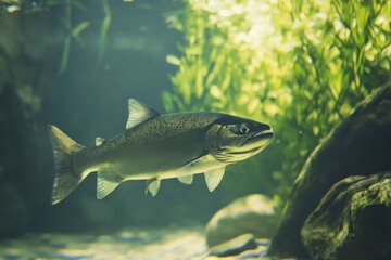 Young Salmon in Aquarium. Underwater World with Fish in Natural Habitat