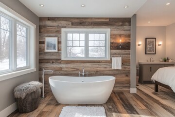 Fototapeta premium Cozy rustic bathroom with freestanding tub and wooden accents near window in winter setting