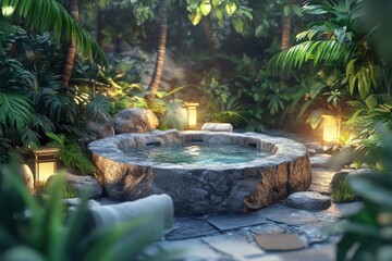 Stone hot tub amidst lush tropical greenery and lanterns creates a relaxing spa retreat.
