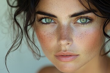 Naklejka premium Stunning Close-Up Portrait of a Woman with Green Eyes and Freckles