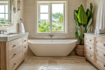 Modern bathroom with freestanding tub and large window overlooking tropical landscape