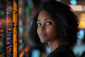 Data analyst reviewing financial trends in a modern office environment engaging and insightful perspective