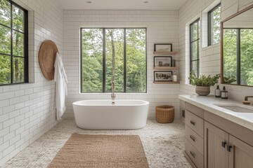 Fototapeta premium Elegant modern bathroom with large windows and natural views offers a serene space for relaxation