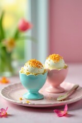 Pastel egg cups, vibrant blooms; spring breakfast , fresh, festive