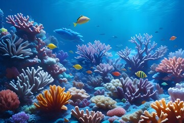 Fototapeta premium Underwater view of an ocean or sea with colorful coral reefs and tropical fish. This could be a view you see while snorkeling or deep sea diving or swimming.