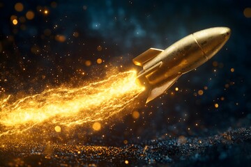 Rocket launching through space with fiery trail high-tech environment dynamic perspective futuristic concept