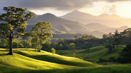 Obraz premium Sunrise valley, rolling hills, trees, mountains, serene landscape