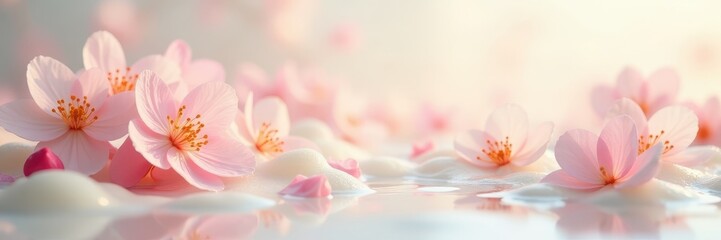Pastel spring blooms adrift in creamy milk bath, ethereal backdrop, soft, bath, milk