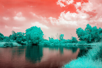 Infrared photography, a serene landscape featuring a river surrounded by trees with shades of...