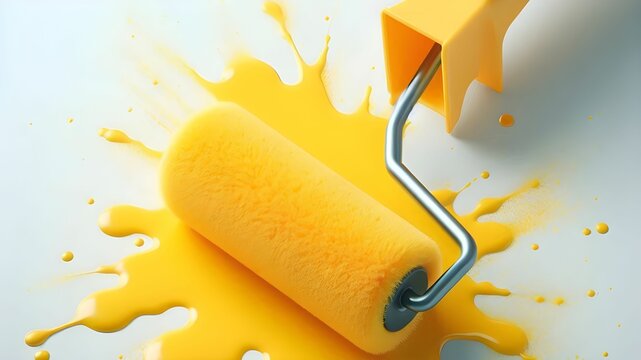 Abstract image of a yellow paint roller paints the wall of a white house in a modern yellow color