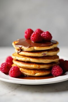 Stack of panqueques with Nutella and raspberries on a plate, breakfast dish, pancakes