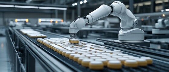 Robotic arm efficiently picks and sorts colorful candies on a conveyor belt in a high-tech manufacturing plant, showcasing automation and technology in action