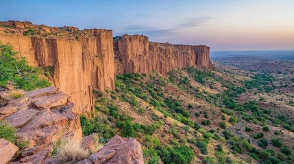 Arid cliff face at sunrise, desert landscape panorama