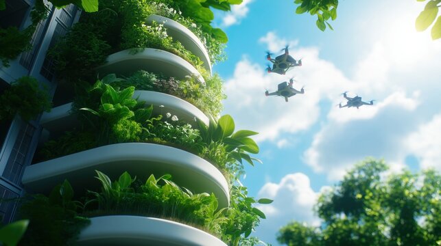 Futuristic skyscrapers surrounded by lush greenery rise against the sunset, creating an eco-friendly urban landscape. Perfect for architecture firms, environmental projects, and city development conce