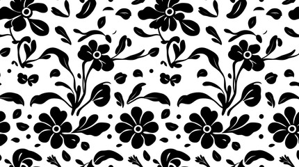 Black and White Floral Pattern: An intricate and delicate pattern of black flowers and leaves set against a clean white background. Perfect for adding a touch of elegance to any design project. 