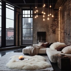 Cozy loft apartment interior with city views and soft textures