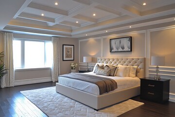 Luxurious modern bedroom featuring elegant decor and natural light in a spacious interior