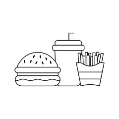 Burger, Soft Drink and French Fries Icon. Vector Linear Illustration of Burger, Soda and French Fries. Fast Food Unhealthy Diet in Line Style Design.