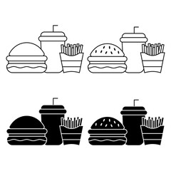 Burger, Soft Drink and French Fries Icon Set. Vector Linear Illustration of Burger, Soda and French Fries. Fast Food Unhealthy Diet in Line Style Design.