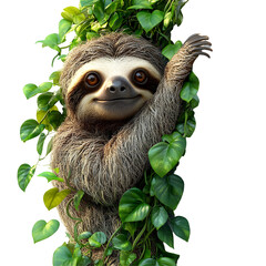 Fototapeta premium Happy sloth hanging on vines against a white backdrop.