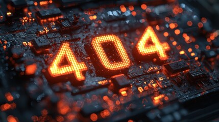 404 Error Code on Circuit Board with Glowing LED Lights