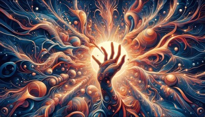 A captivating 3D 4K image features an intricately detailed hand reaching toward a radiant light, surrounded by swirling colors, organic shapes, and cosmic elements, 